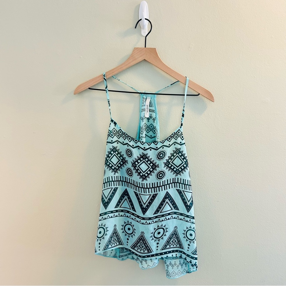 Yetts Abstract Sleeveless Blouse Womens Size Small Aqua Blue Y2K Cami Boho Tank